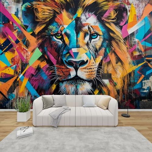 MMYAOKEN Papier Peint Panoramique Lion 300x210 cm - Décoration Murale Coloré Graffiti Ado - Tapisserie Murales Papier Peint Intissé pour Chambre Salon - Poster Tableaux Photo Muraux