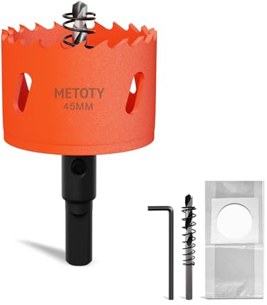 METOTY 45mm Bi-Metal Hole Saw,Universal HSS M42 Hole Saws,with Triangular Shaft Adapter and Centring Drill, One Free Dust Bag for Aluminum, Metals, Plastics, Acrylic Glass, Wood, Gypsum board