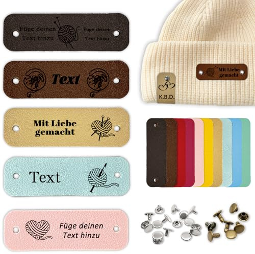 LJSCQF 12 Stück Personalisierte Leder Etiketten, Individuelle Handgefertigte Lederetiketten Mit Nieten, DIY Handgemachte Etiketten für Häkeln Kleidung Hüte Schals Handschuhe (Breites Quadrat)