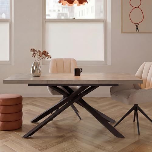 DUBI Möbel MALTE Esstisch ausziehbar 140–180–220 × 90 × 76 cm, Beton Optik, Metall X-Gestell, modern & pflegeleicht, 6–10 Personen