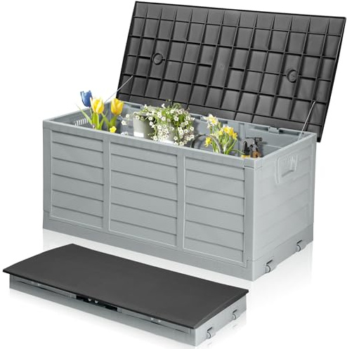 Outopee 280L Foldable Garden Storage Box With Strapped Lid, Grey&Black | Outdoor Plastic Utility Chest Organiser, Weather Resistant, Portable, For Garden, Patio, Balcony, Decking