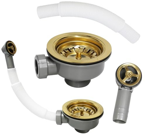 Inodiref 114mm Kitchen Sink Waste Kit with Overflow Pipes, Stainless Steel | Gold Kitchen Sink Overflow Kit, Kitchen Sink Strainer, Thickened Design, for Sink Hole Size 83-90mm(Round Interface)