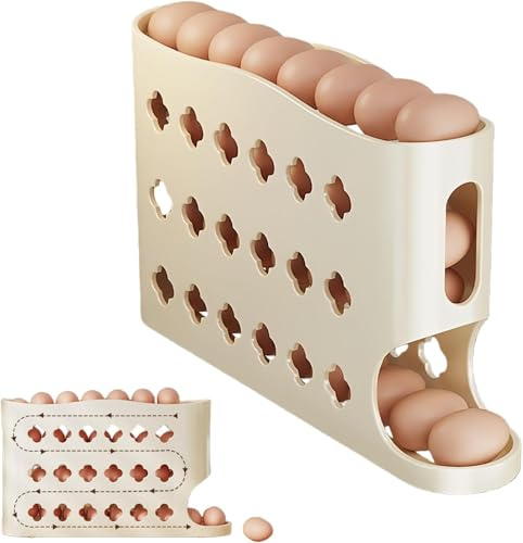 kyno 2026 Egg Holder for Fridge, Eggs Dispenser Auto Rolling, No Assembly Required Easy Access, Save Refrigerator Space, And Prevent Egg from Breaking, Large Capacity / Holds 30 Eggs (Beige)
