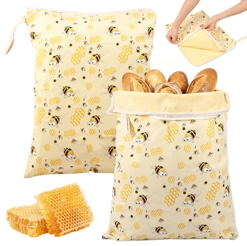 2 bolsas de pan de cera de abejas de 43 cm x 33 cm, reutilizables para mantener el pan fresco, con cremallera en L y asa, bolsas de cera de abejas naturales para almacenar pan (abejas)