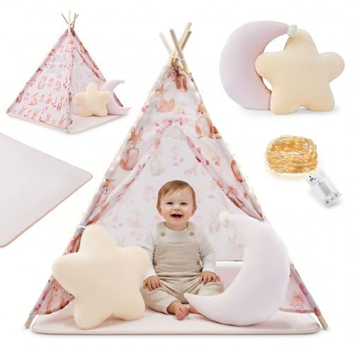 Mamabrum Rosa Kinder Tipi Zelt mit Waldmotiv, Spielzelt für Kinderzimmer mit Matte, Kissen und LED Lichterkette, Gemütlicher Rückzugsort ab 3 Jahren