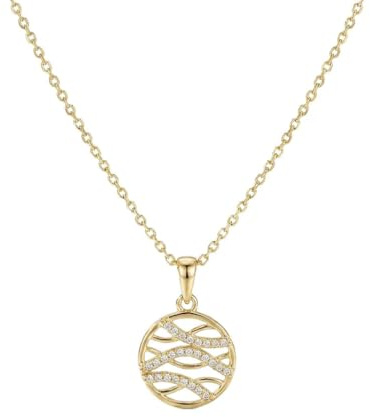 Suzan Gold® 375 Echtgold Halskette Damen mit rundem Anhänger und Zirkonia Ornament modern elegant wasserfest Geschenkidee – Veliora Weave – feiner Goldschmuck