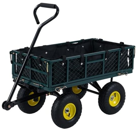 COSTWAY Carrello da Giardino in Metallo, Carretto a Mano con 4 Ruote Pneumatiche, Sponde Rete Rimovibili, Borsa Portaoggetti e Manico Regolabile, Portata 410 kg, per Giardinaggio, Trasporto e Fattoria