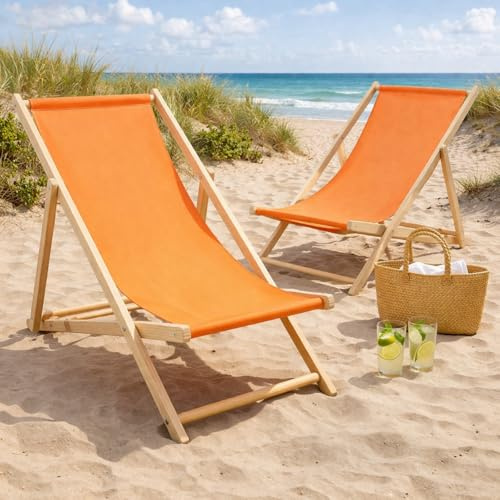 HAGO24 Strandliege Orange 3er Set Sonnenliege Gartenliege Liegestuhl Klappstuhl Holz Kiefernholz Polyester 3fach verstellbar faltbar Balkon Terrasse 120kg