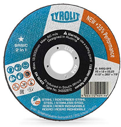 Tyrolit 2-in-1 superdünne Trennscheibe für Stahl und Edelstahl, 25 x Winkelschleiferscheibe 115 x 1,6 x 22,23 mm, Metalltrennscheiben für Bleche, Profile, Rohre, Stangen und Vollma blue/black