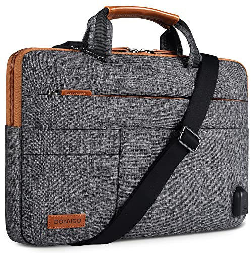 DOMISO Bolso de hombro impermeable para computadora portátil con puerto de carga USB para, Ultrabook, Notebook, Tablet, Lenovo, HP, Dell, Apple, ASUS, Acer [14 Pulgadas - Gris oscuro]