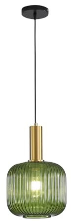 HJXDtech Lámpara Colgante Industrial con Pantalla de Cristal a Rayas, Vintage Dorado E27 Lámpara Suspendida de Techo Ajustable para Cocina Comedor Salón Bar Pasillo Restaurante (Verde, 20 cm)