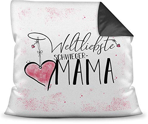 Familie-Kissen mit Spruch für die Weltliebste Schwiegermama - Kissenbezug inklusive Kissen/Verwandte/Geschenk-Idee/Liebling/Kinder/Farbkissen Rückseite Schwarz