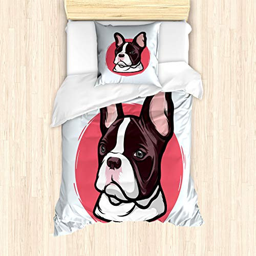 ABAKUHAUS Tier Bettbezug Set für Einzelbetten, Französisch Bulldog Hipster, Milbensicher Allergiker geeignet mit Kissenbezug, Rosa Brown