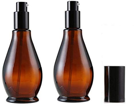 2PCS 50ML 1.7oz Empty Cucurbit Shaped Amber Glass Lotion Pump Bottles Jars With Black Pump Head Cosmetic Makeup Cream Lotion Holder Container Vial Pots Dispenser for Emulsion Essence Massage Oil