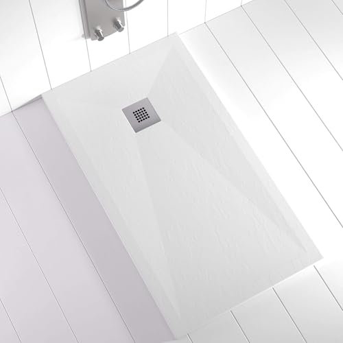 Shower Online Receveur de douche en résine PLES - 90x110 -Texture Ardoise - Antidérapant - Toutes les tailles disponibles - Y compris la Grille en Acier Inoxydable et la Bonde - Blanco RAL 9003