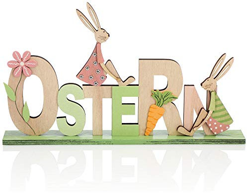 com-four® Deko Aufsteller für Ostern - Schriftzug mit Osterhasen - Osterdeko zum Hinstellen - Osterdekoration aus Holz