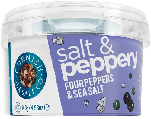 Cornish Sea Salt & Peppery Seasoning Blend 140g, All-Purpose Mixed Spices, Premium Pepper Spice Seasoning, Black Peppercorn, Green Peppercorn, Red Pepper & Pimento, Mixed Spices for Meats, Eggs