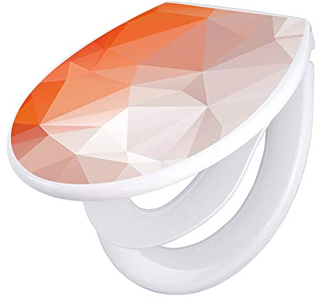 banjado Familien WC Sitz mit Absenkautomatik 44,5x37cm / Klodeckel/Klobrille mit Kindersitz aus hochwertigem Polypropylen/Toilettensitz Kindersitz integriert Motiv Orange Polygon
