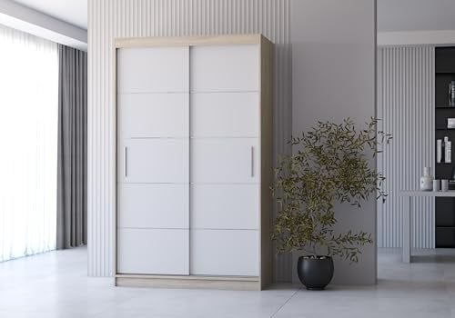 Fabryka Mebli Idźczak Kleiderschrank, Wohnzimmerschrank - Sonoma, Weiß Schwebetürenschrank, Schlafzimmerschrank - 61 x 120 x 200 cm - Schrank für Schlafzimmer, Wohnzimmer, Garderobe, modern