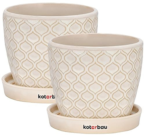KOTARBAU® - Set da 2 vasi da fiori in ceramica per piante, diametro 12 cm, vintage, con vaschetta antigoccia, motivo squame di pesce, colore crema