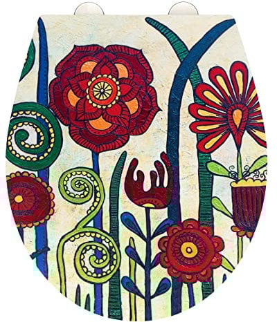 WENKO WC-Sitz Red Blossom, bunter Rollin'Art Toilettensitz, Relief Oberfläche, hygienische Schnellbefestigung aus Edelstahl & Easy-Close Absenkautomatik, aus antibakteriellem Duroplast, 38 x 44,5 cm