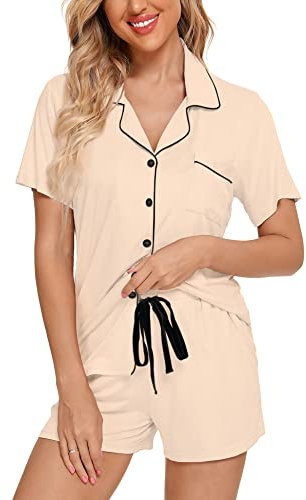 Senert Pyjama-Set für Damen, kurzärmelig, Nachtwäsche, weich, Button-Down-Pyjama-Set, Nachtwäsche, Lounge-Sets, S-XXL, B-Stil mit Taschen, Beige, XXL