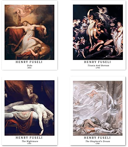 Kunstdruck Ungerahmt Klassische Mythologie Historisch Bilder Set von 4, Poster Größe: 20x25 cm Premium Kunstpapier Wanddeko Fantasieland Traumland Passenden Raumdekoration Deko Henry Fuseli Painting