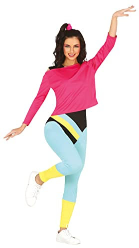 FIESTAS GUIRCA 80er Workout Aerobic Kostüm – 80er Jahre Sport Outfit mit pinkem Top und mehrfarbigem Training Anzug für Karneval Fasching Damen Größe L 40-42