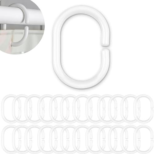 Duschvorhang Ringe, 24 Stück, in Weiss, Ø 4,6 x 2,9 cm innen, für Duschvorhangstangen, aus stabilem Kunststoff, weiße Duschringe, Ring Dusche Duschvorhang, Duschvorhangringe, Duschhaken C-Ring Bad