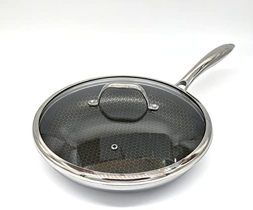 Cooksy 27,9 cm Sechskant-Oberfläche Hybrid Edelstahl Bratpfanne mit Deckel und kühl bleibendem Griff – PFOA-frei, spülmaschinen- und ofenfest, funktioniert mit Induktionskochfeld, Gas, Keramik und