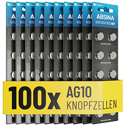 ABSINA 100x Pile LR1130 AG10 LR54-1,5V Alcaline étanche & Longue durée - V10GA / RW49 / G10A / 189 / GP189 / L1130 / 89A - Pile LR54 Pile Bouton, Pile L1131C, Pile L1131, Piles LR54, Piles AG10