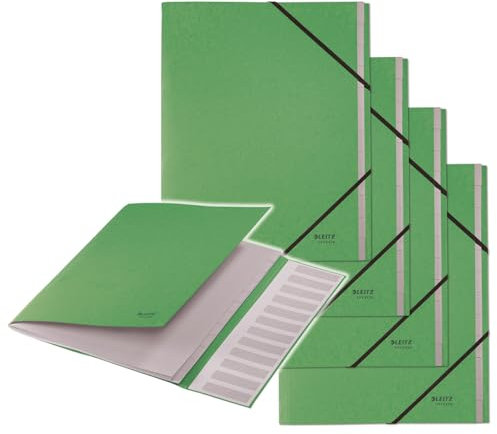 Leitz Recycle Ordnungsmappe A4, 4er Pack, Projektmappe mit 12 Fächern mit Index, 100 % recycelt & recycelbar, Umweltfreundlich, Recycle Serie, Grün, 39150055
