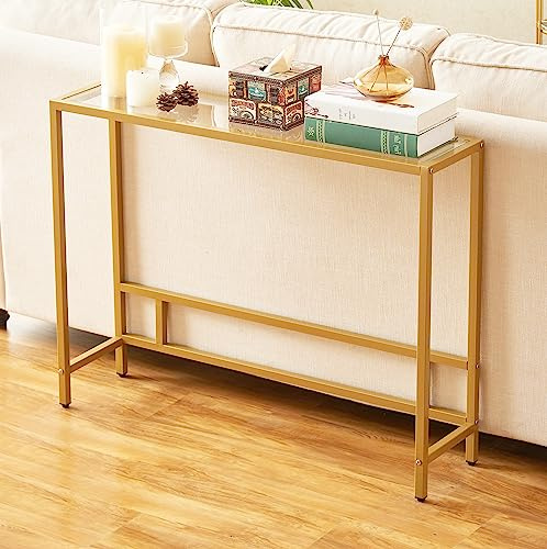 MAJARO Small Modern Console Table for Entryway, Tempered Glass with Metal Frame Sofa Table for Living Room, Hallway, Office (Single-Layer, Gold)