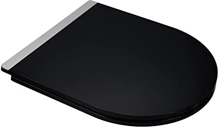 Fanmitrk WC Sitz mit Absenkautomatik, Toilettendeckel D Form Schwarz, 43 x 36 cm, Duroplast Klodeckel mit Schnellverschluss, Klobrille mit Glänzendem Metall-Dekorstreifen