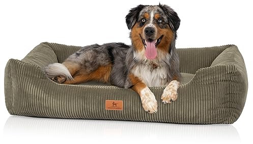 Knuffelwuff Hundebett aus Cord mit handgewebtem Charakter Olivia XXL, 120 x 85 cm, Khaki, Abnehmbarer Bezug, waschbar, für große, mittlere und kleine Hunde
