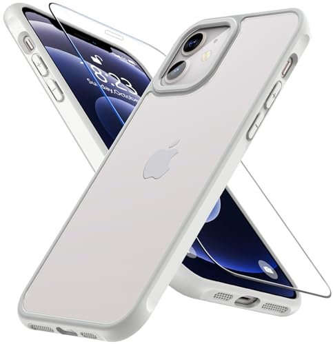 iPhone 12 Case with Tempered Glass Screen Protector, Shockproof Military Grade Drop, Translucent Matte Back Anti-Scratch Slim Cover Phone Case for iPhone 12 (Pro), Gray