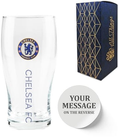 Personalised Engraved Chelsea Pint Glass, Made with Official Chelsea F.C. Tulip Pint Glass, Gift Boxed, 570ml or 20oz Capacity, Football Beer Glass