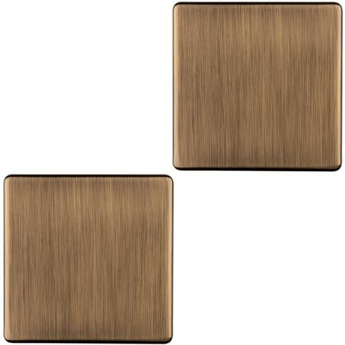 2 Pack Single SCREWLESS Antique Brass Blanking Plate Round Edged Wall Hole Cover - Wiring Outlet Cable Tidy