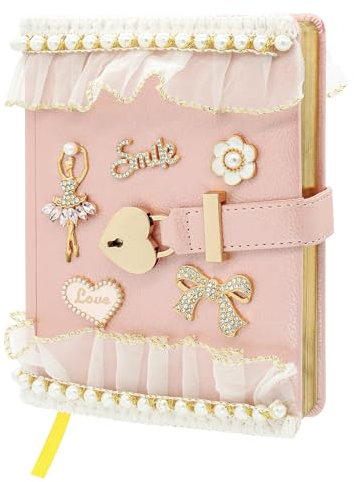 Wonhibo Süßes rosa Tagebuch mit Schloss und Schlüssel, B6 Spitze Glitzer Notizbuch Tagebücher Erwachsene Geschenk Geheimset für Mädchen Frauen