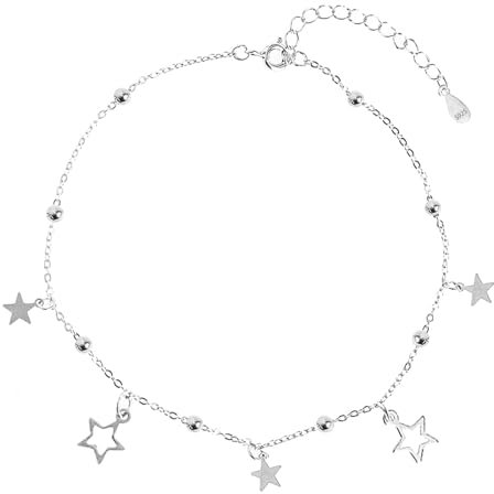 JUZICHEN Argent S925 Bracelet De Cheville Femme Bicouche Avec Pendentifs Étoile Ronde, Chaîne Réglable 22 à 27cm, Boho Pour La Plage d'Été (A)