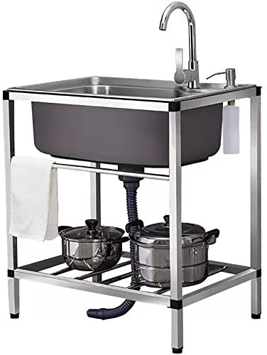 Fregadero Individual para Exteriores de Acero Inoxidable 304, Fregadero Cocina Comercial de Acero Inoxidable, Fregadero Independiente con Grifos de Agua Fría y Caliente, para Interiores y Exteriores(S