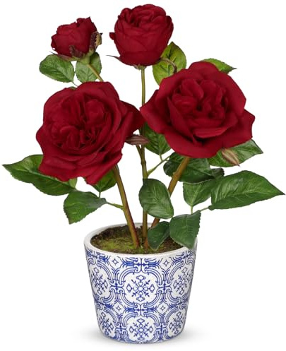 Briful 13.4 Artificial Roses in Pot - Silk Flowers Faux Roses in Blue and White Ceramic Pot - 34cm Tall Red Artificial Flowers Fake Plants for Living Room, Bedroom, Windowsill