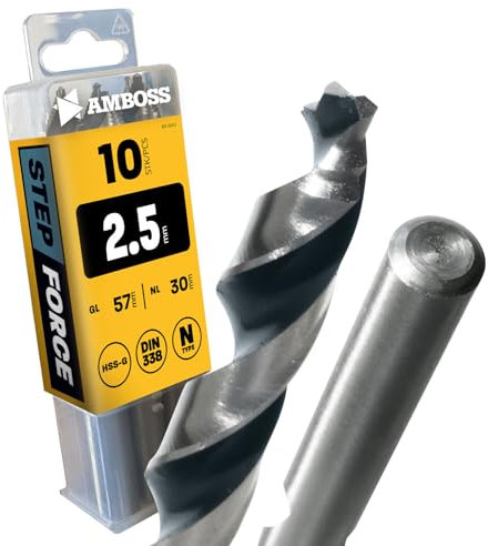 AMBOSS WERKZEUGE® Lot de 10 forets hélicoïdaux Step Force Ø 2,5 mm – HSS-G DIN 338 pour acier, acier doux, aluminium, métaux non ferreux AMBOSS WERKZEUGE® Forets à tôle hexagonales pour perceuse,