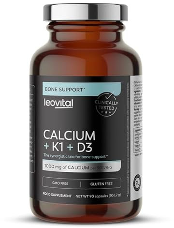 Polleo Calcium + K1 + D3, 90 Kapseln - Knochen-Gesundheit Formel, Calcium, Vitamin K und D3