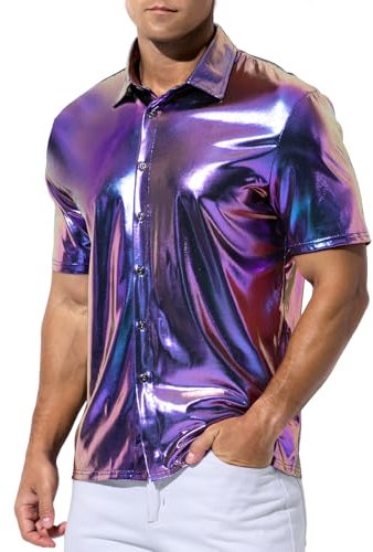Casey Kevin Men's Short Sleeve Shirt Shiny Metallic Collared T-Shirt Sparkly Nightclub Sexy Button Down Disco Rock Party Shirts - Purple M