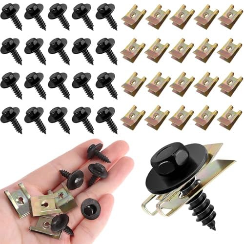 Tornillos y Clip de Tuerca, 20 Juegos de Tornillos y Tuercas de Sujeción Tipo U para Automóviles, Kit de Tornillos y Tuercas para Guardabarros de Parachoques, Grapas Coche Abrazaderas de Carrocería