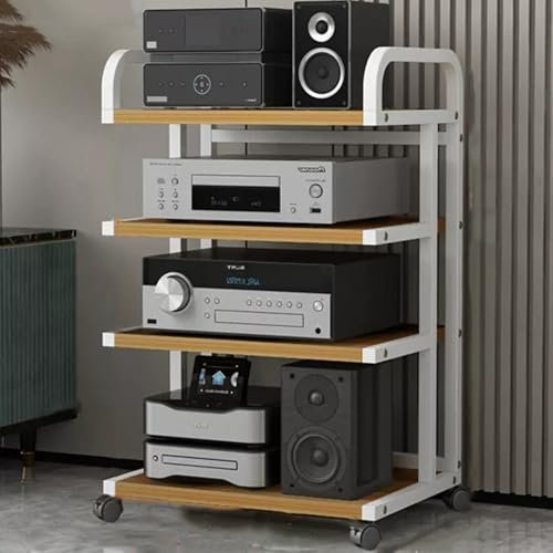 ZIUSFAC HiFi Regal 3/4/5-stöckiges Audio-Tower Audioständer AV-Medienständer Haus Büro Stereo Komponenten-Rack Audio-/Video-Rack Mobiler Audio Schrank(White+Walnut,4-Tier)