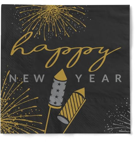 Mank Tissue Serviette Rocky 33 x 33 cm 100 Stück – Premium Einweg-Serviette für Silvester mit Happy New Year Design Silvester schwarz