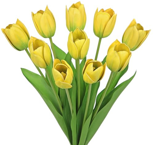 Arborus 10 STK Künstliche Tulpen 50 cm Kunstblumen Tulpen wie Echt Gelb | Dekotulpen für Vase Künstliche Frühlingblumen Blumenarrangement für Tisch Regal Deko Innen Wohnzimmer Schlafzimmer Esszimmer