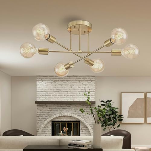 JOYINLED Vintage Deckenleuchte,Gold Sputnik Kronleuchter Moderne,Retro Deckenlampe,6 flammig E27/26 Fassung Pendelleuchte Leuchten für Wohnzimmer Küche Esszimmer Schlafzimmer (ohne Leuchtmittel)